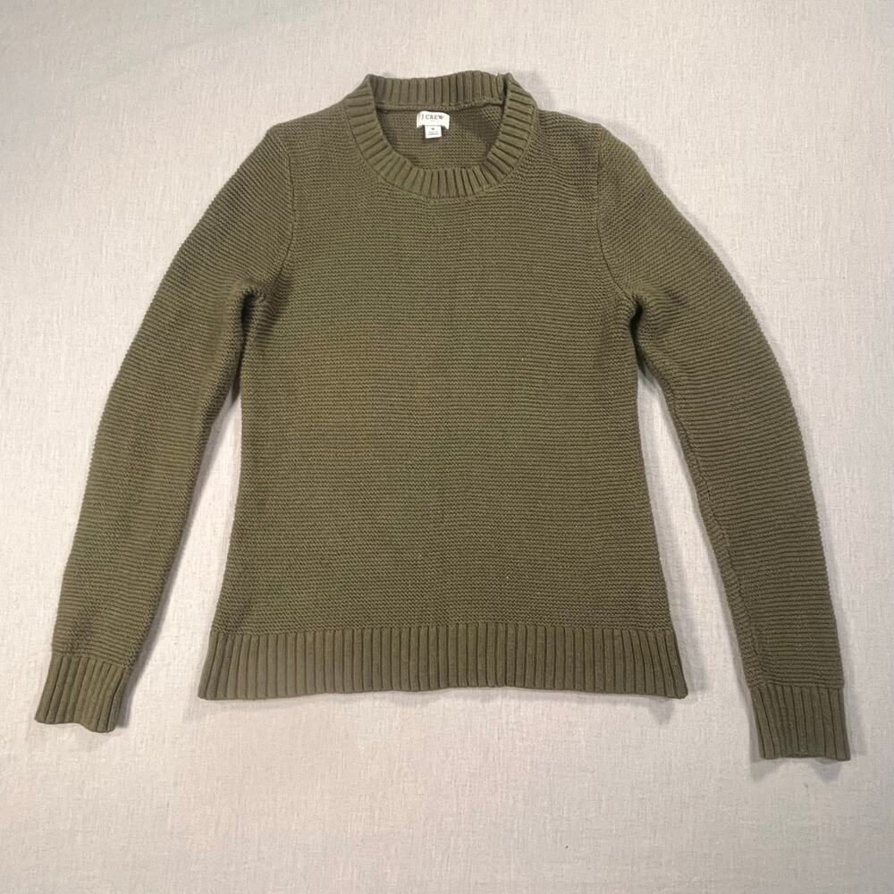 J.Crew Women’s Olive Knit Sweater Small Ribbed Hem Cozy Classic Fall Layering